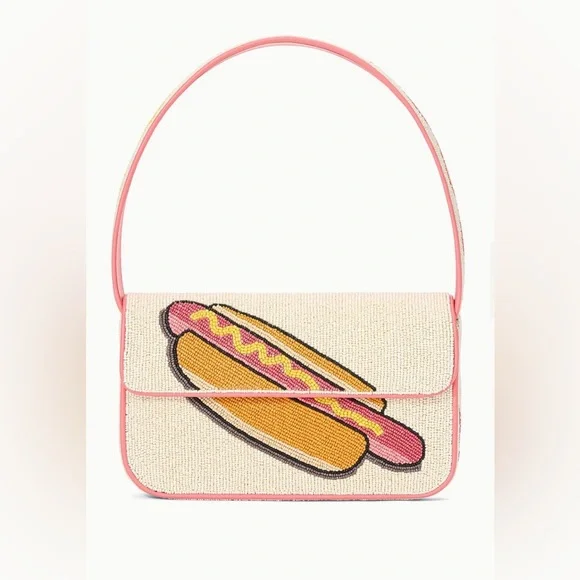 NWT STAUD Tommy Beaded Bag Hotdog Weiner Dog Dachshund Doggie Summer Mustard - Picture 1 of 7